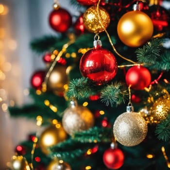 Close-UP of Christmas Tree, Red and Golden Ornaments against a Defocused Lights Background