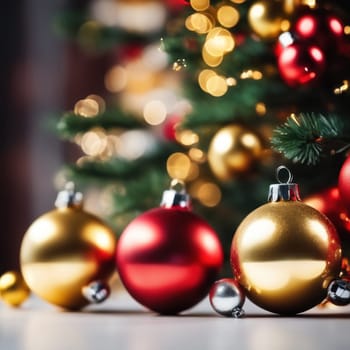 Close-UP of Christmas Tree, Red and Golden Ornaments against a Defocused Lights Background