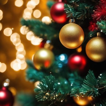 Close-UP of Christmas Tree, Red and Golden Ornaments against a Defocused Lights Background