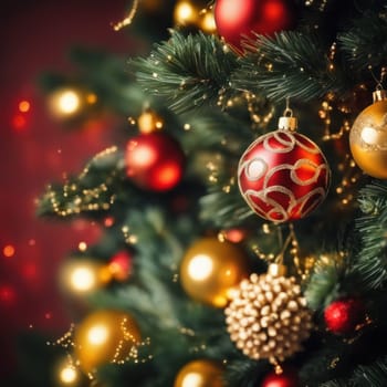 Close-UP of Christmas Tree, Red and Golden Ornaments against a Defocused Lights Background