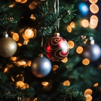 Close-UP of Christmas Tree, Red and Golden Ornaments against a Defocused Lights Background