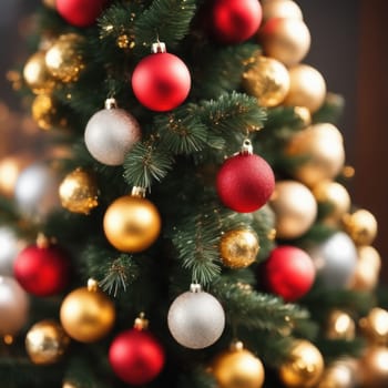 Close-UP of Christmas Tree, Red and Golden Ornaments against a Defocused Lights Background