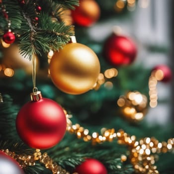 Close-UP of Christmas Tree, Red and Golden Ornaments against a Defocused Lights Background