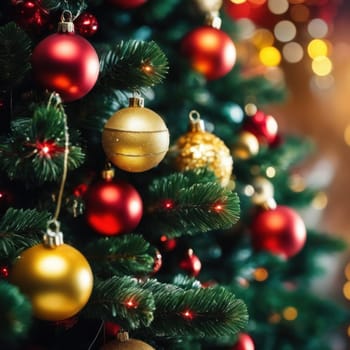 Close-UP of Christmas Tree, Red and Golden Ornaments against a Defocused Lights Background