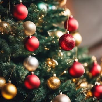 Close-UP of Christmas Tree, Red and Golden Ornaments against a Defocused Lights Background