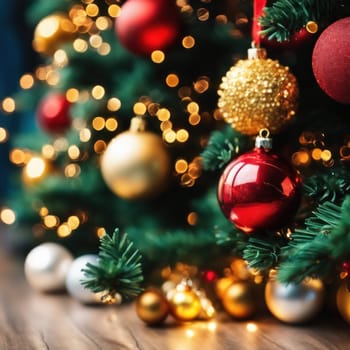 Close-UP of Christmas Tree, Red and Golden Ornaments against a Defocused Lights Background