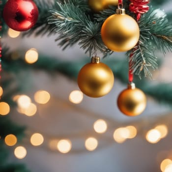 Close-UP of Christmas Tree, Red and Golden Ornaments against a Defocused Lights Background