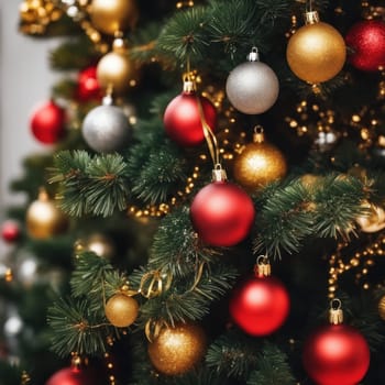 Close-UP of Christmas Tree, Red and Golden Ornaments against a Defocused Lights Background