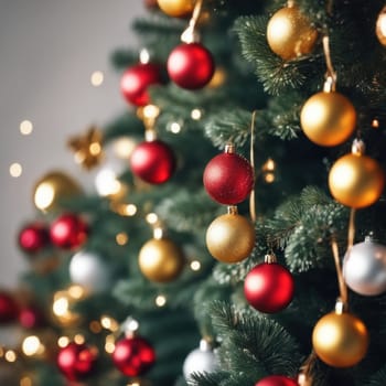 Close-UP of Christmas Tree, Red and Golden Ornaments against a Defocused Lights Background