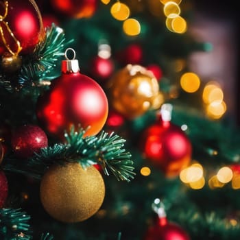 Close-UP of Christmas Tree, Red and Golden Ornaments against a Defocused Lights Background