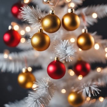 Close-UP of Christmas Tree, Red and Golden Ornaments against a Defocused Lights Background