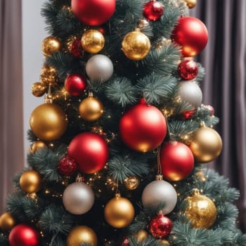 Close-UP of Christmas Tree, Red and Golden Ornaments against a Defocused Lights Background