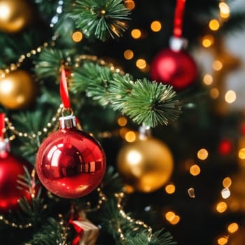 Close-UP of Christmas Tree, Red and Golden Ornaments against a Defocused Lights Background