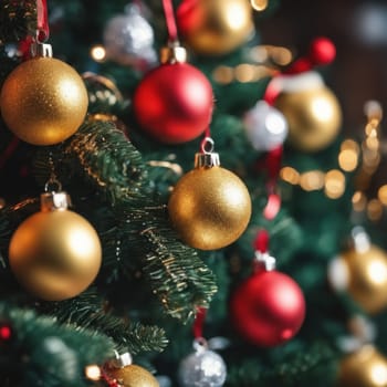 Close-UP of Christmas Tree, Red and Golden Ornaments against a Defocused Lights Background