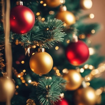 Close-UP of Christmas Tree, Red and Golden Ornaments against a Defocused Lights Background