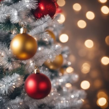 Close-UP of Christmas Tree, Red and Golden Ornaments against a Defocused Lights Background