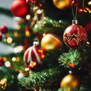 Close-UP of Christmas Tree, Red and Golden Ornaments against a Defocused Lights Background