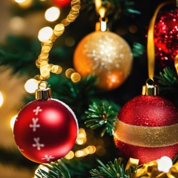 Close-UP of Christmas Tree, Red and Golden Ornaments against a Defocused Lights Background