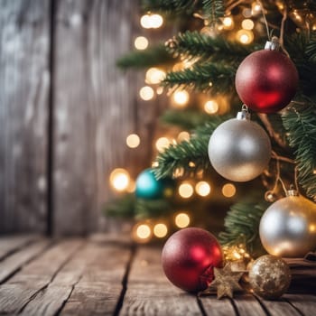 Close-UP of Christmas Tree, Red and Golden Ornaments against a Defocused Lights Background