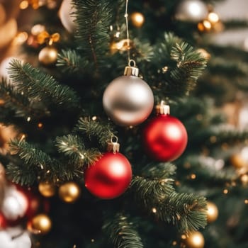 Close-UP of Christmas Tree, Red and Golden Ornaments against a Defocused Lights Background