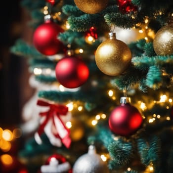 Close-UP of Christmas Tree, Red and Golden Ornaments against a Defocused Lights Background