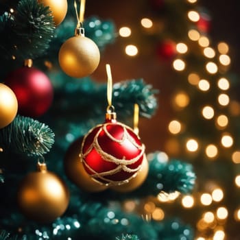 Close-UP of Christmas Tree, Red and Golden Ornaments against a Defocused Lights Background