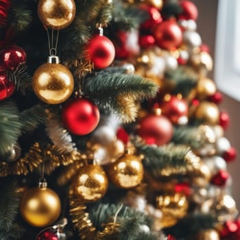 Close-UP of Christmas Tree, Red and Golden Ornaments against a Defocused Lights Background