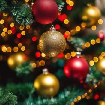 Close-UP of Christmas Tree, Red and Golden Ornaments against a Defocused Lights Background