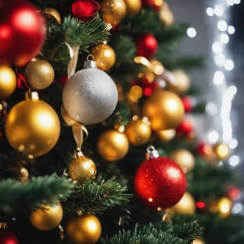 Close-UP of Christmas Tree, Red and Golden Ornaments against a Defocused Lights Background