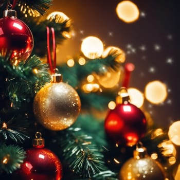 Close-UP of Christmas Tree, Red and Golden Ornaments against a Defocused Lights Background