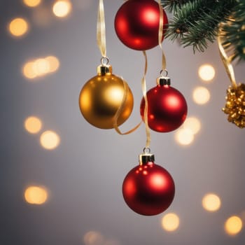 Close-UP of Christmas Tree, Red and Golden Ornaments against a Defocused Lights Background