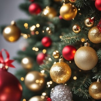 Close-UP of Christmas Tree, Red and Golden Ornaments against a Defocused Lights Background