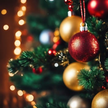 Close-UP of Christmas Tree, Red and Golden Ornaments against a Defocused Lights Background