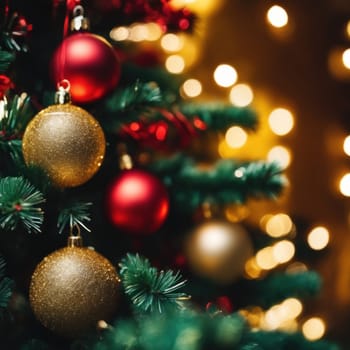 Close-UP of Christmas Tree, Red and Golden Ornaments against a Defocused Lights Background