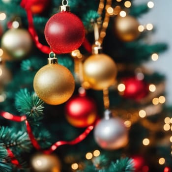 Close-UP of Christmas Tree, Red and Golden Ornaments against a Defocused Lights Background