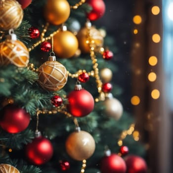 Close-UP of Christmas Tree, Red and Golden Ornaments against a Defocused Lights Background