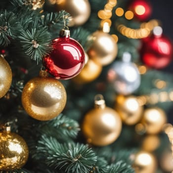 Close-UP of Christmas Tree, Red and Golden Ornaments against a Defocused Lights Background