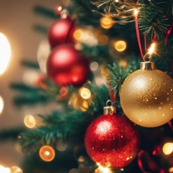 Close-UP of Christmas Tree, Red and Golden Ornaments against a Defocused Lights Background