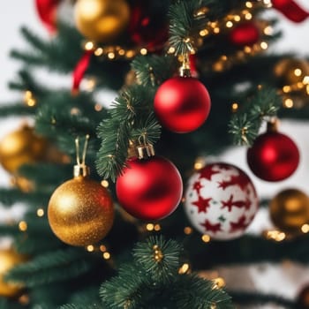 Close-UP of Christmas Tree, Red and Golden Ornaments against a Defocused Lights Background