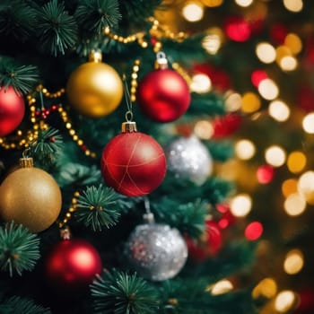 Close-UP of Christmas Tree, Red and Golden Ornaments against a Defocused Lights Background