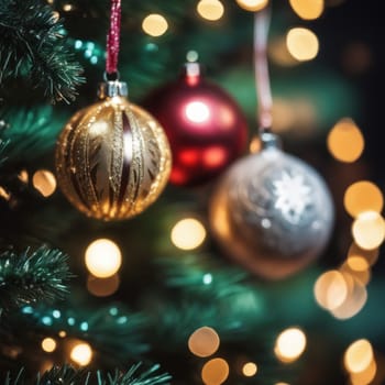 Close-UP of Christmas Tree, Red and Golden Ornaments against a Defocused Lights Background