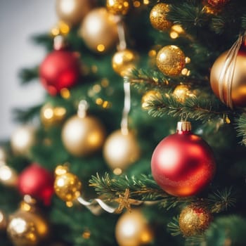 Close-UP of Christmas Tree, Red and Golden Ornaments against a Defocused Lights Background