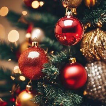 Close-UP of Christmas Tree, Red and Golden Ornaments against a Defocused Lights Background