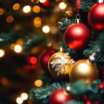 Close-UP of Christmas Tree, Red and Golden Ornaments against a Defocused Lights Background