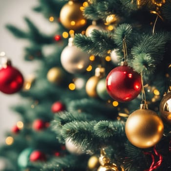 Close-UP of Christmas Tree, Red and Golden Ornaments against a Defocused Lights Background