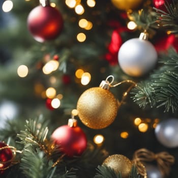 Close-UP of Christmas Tree, Red and Golden Ornaments against a Defocused Lights Background