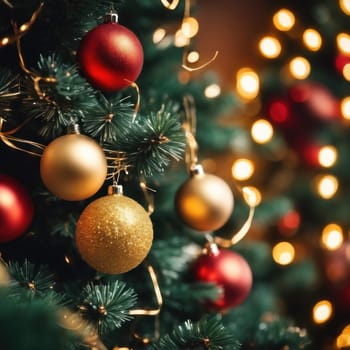 Close-UP of Christmas Tree, Red and Golden Ornaments against a Defocused Lights Background