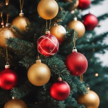 Close-UP of Christmas Tree, Red and Golden Ornaments against a Defocused Lights Background