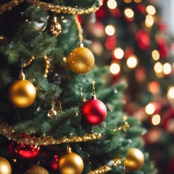 Close-UP of Christmas Tree, Red and Golden Ornaments against a Defocused Lights Background