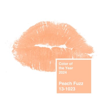 Peach fuzz color lips kiss isolated on white background. Color of the Year 2024 concept